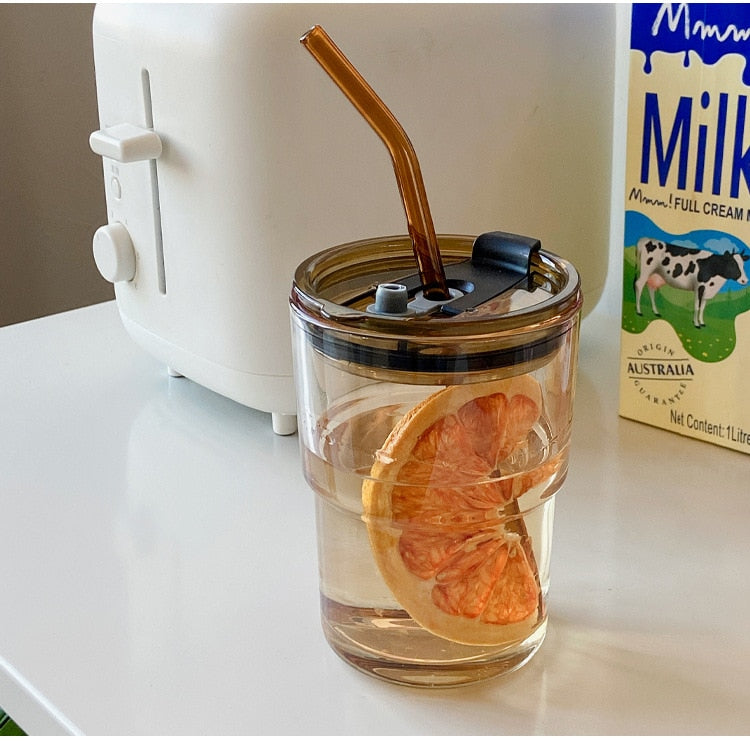 Iced Coffee Tumbler Cup with Plastic Lid and Glass Straw