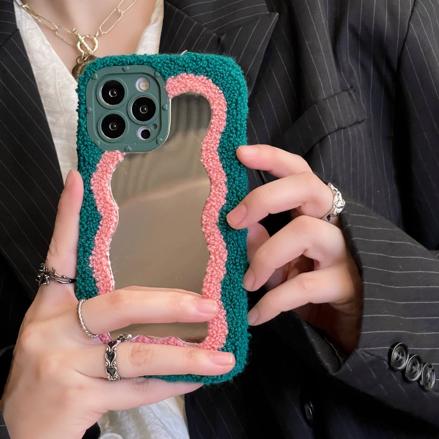 Fluffy Wavy Mirror iPhone Case in Teal/Pink