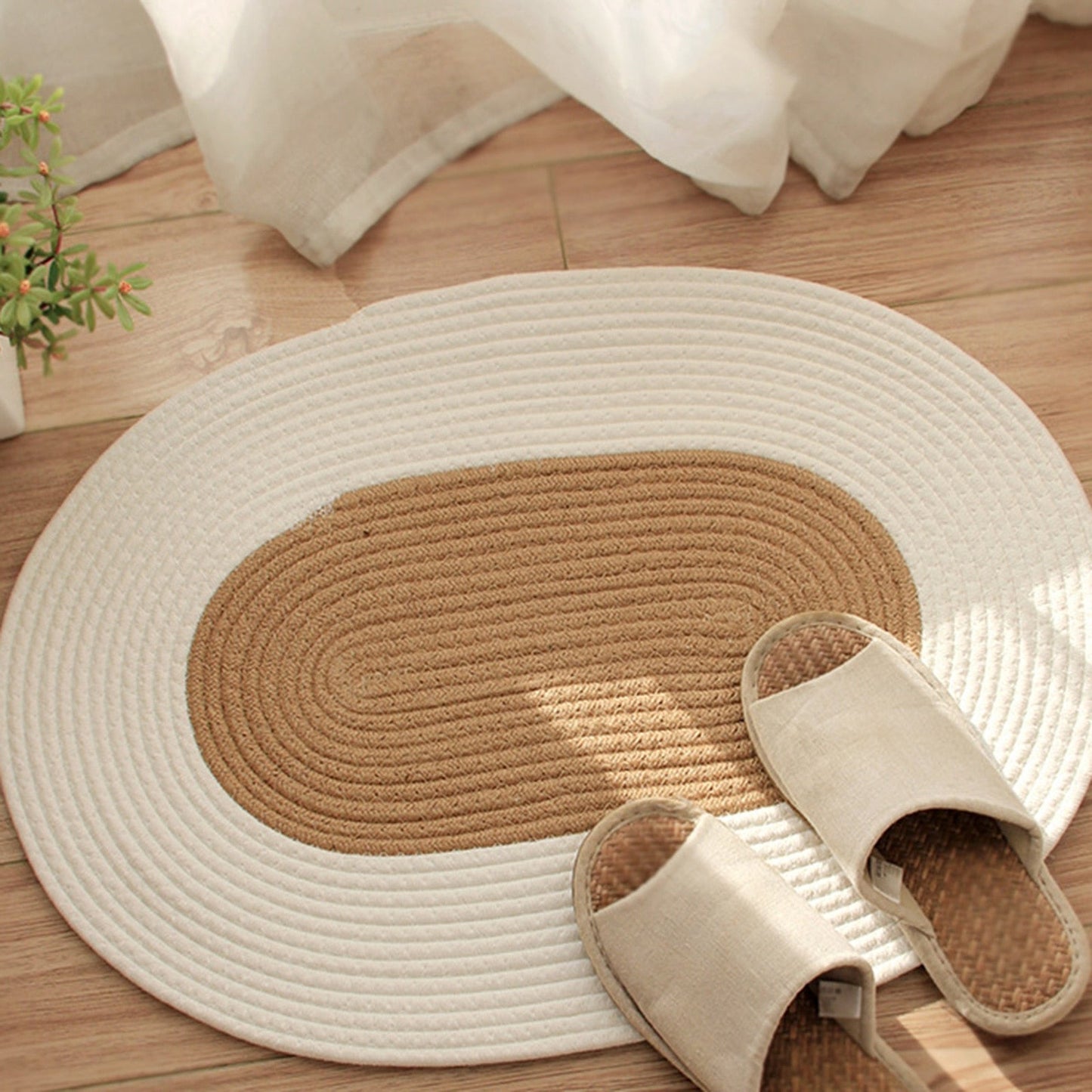 Hand-Woven Floor Mat in White / Tan