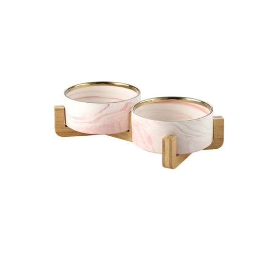 Pink Pet Bowls with Gold Rim Detail + Double Stand