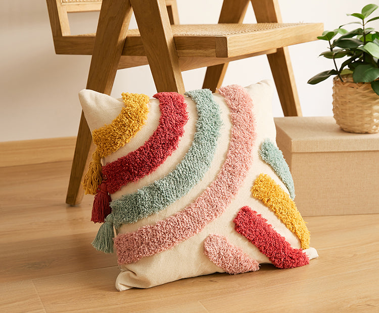 Pillow Cover in Tuft Tassels in Rainbow