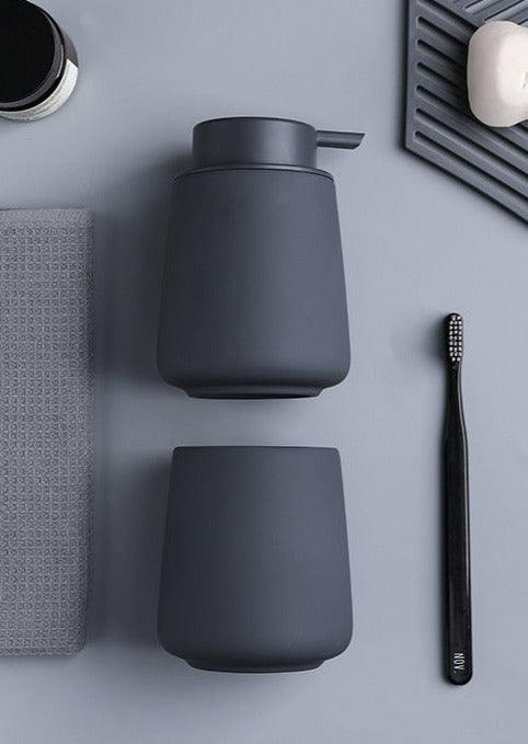 Set of Ceramic Soap Dispenser & Toothbrush Holder in Grey