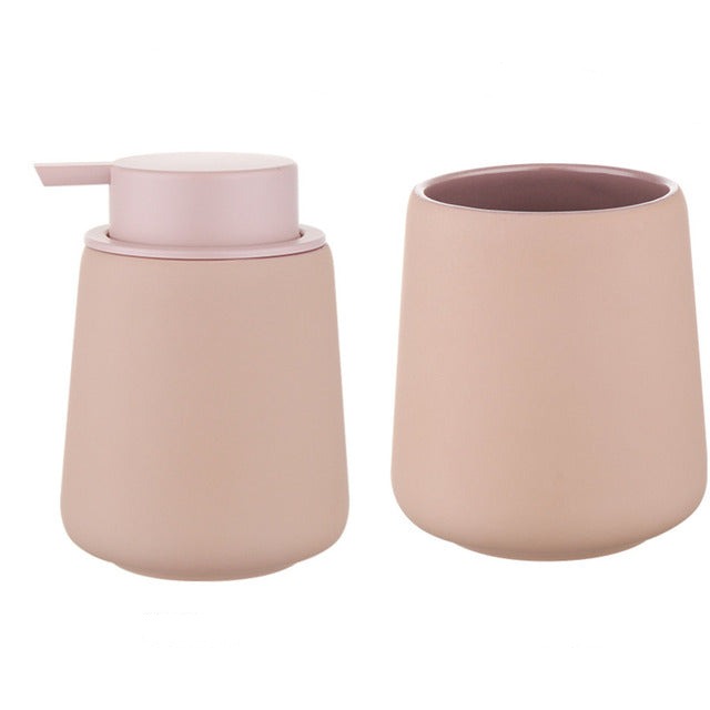 Set of Ceramic Soap Dispenser & Toothbrush Holder in Pink