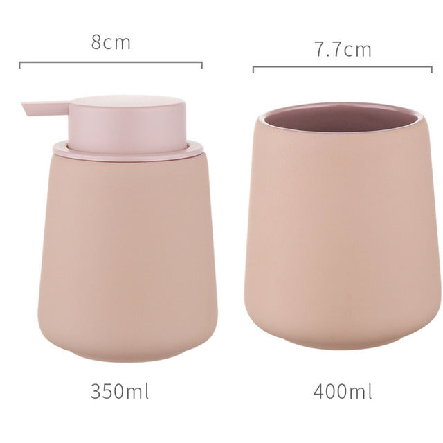 Set of Ceramic Soap Dispenser & Toothbrush Holder in Pink
