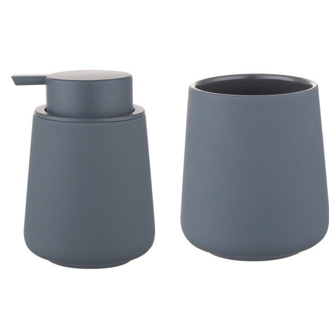 Set of Ceramic Soap Dispenser & Toothbrush Holder in Grey