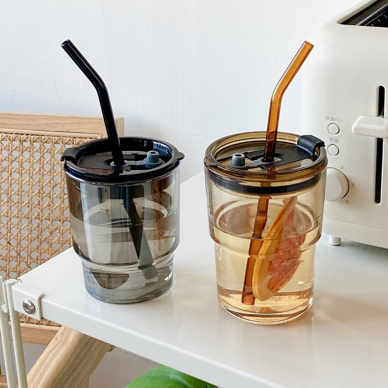 Iced Coffee Tumbler Cup with Plastic Lid and Glass Straw