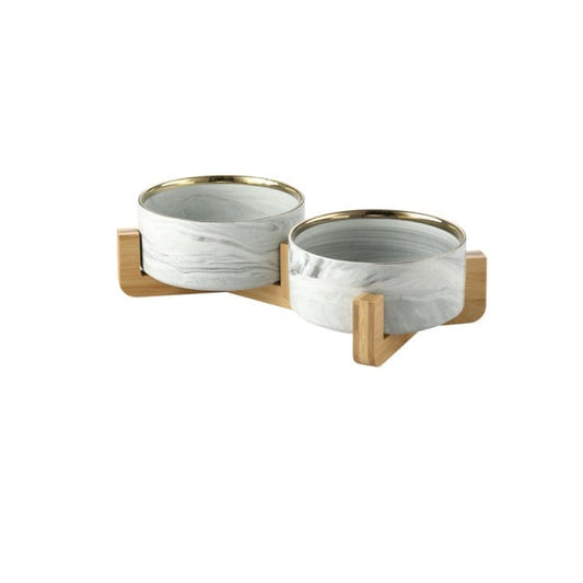 Grey Pet Bowls with Gold Rim Detail + Double Stand