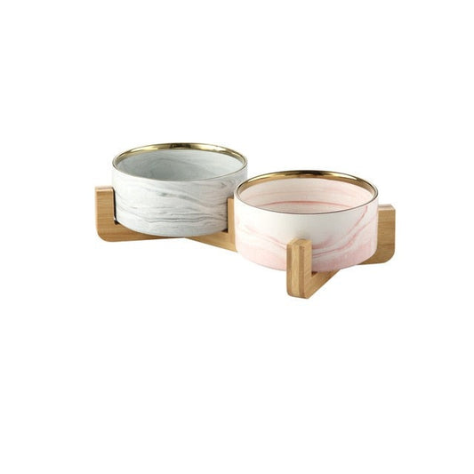 Grey & Pink Pet Bowls with Gold Rim Detail + Double Stand