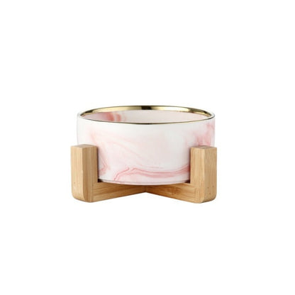 Pink Pet Bowl with Gold Rim Detail + Single Stand