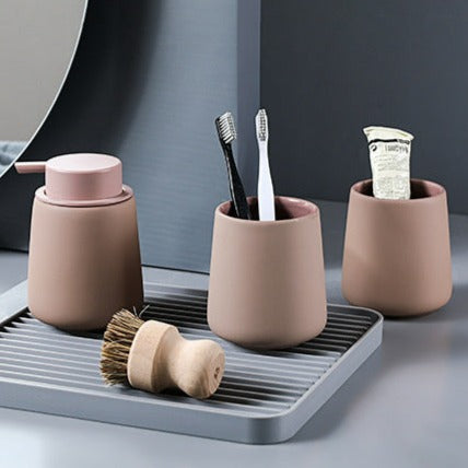 Set of Ceramic Soap Dispenser & Toothbrush Holder in Pink